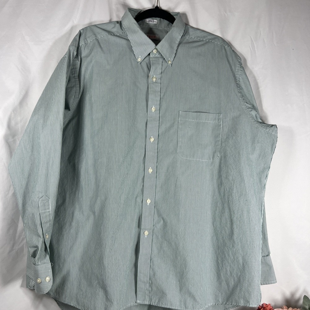 Izod Wrinkle Free Mens Reg Fit Size 18 34/35 Green Strip Long Sleeve Dress Shirt